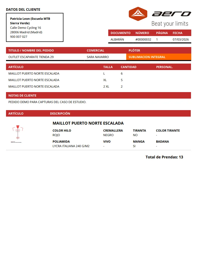 Production sheet generated from the AeroSports administration panel.