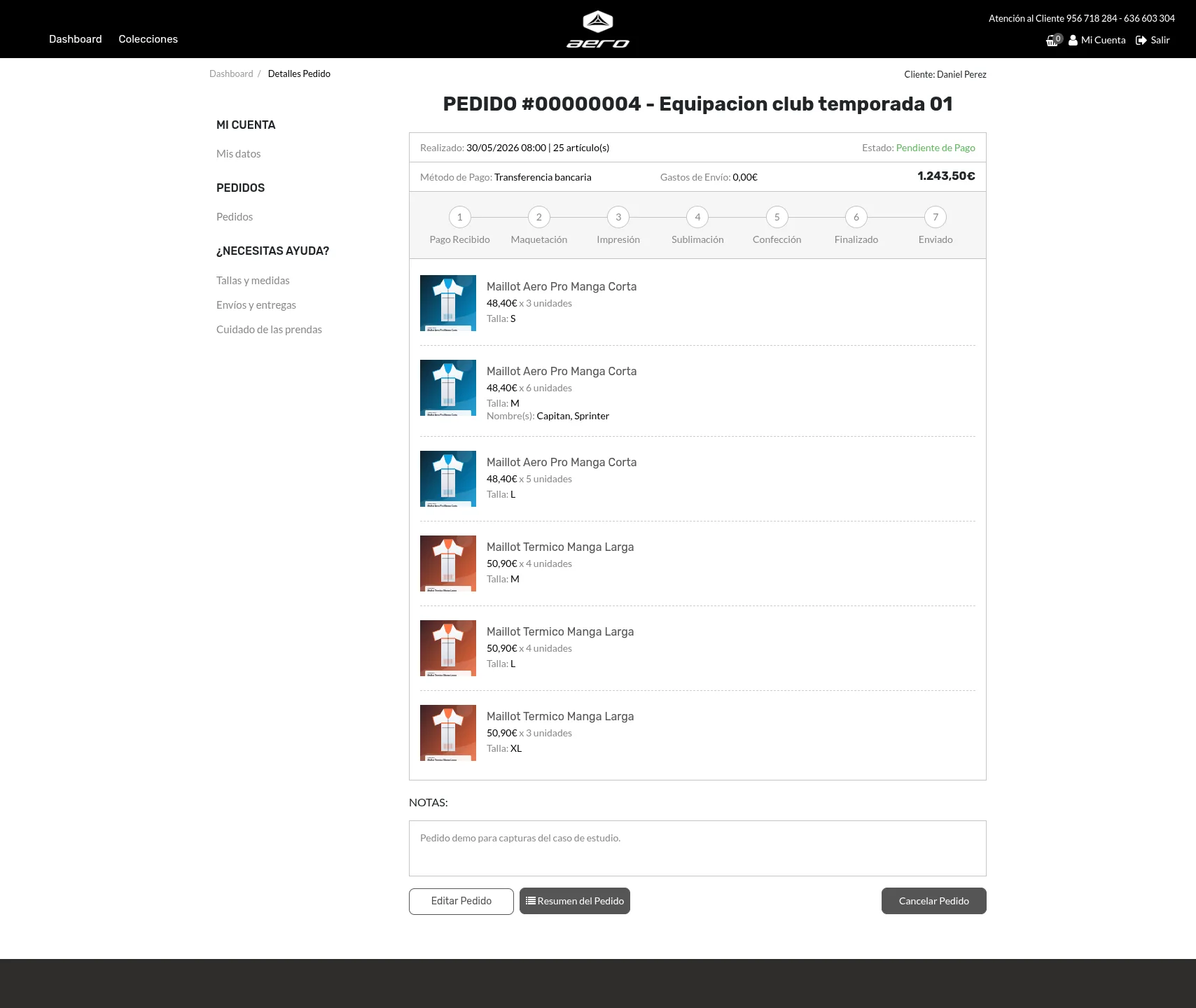 Order listing in the AeroSports client portal with production statuses.