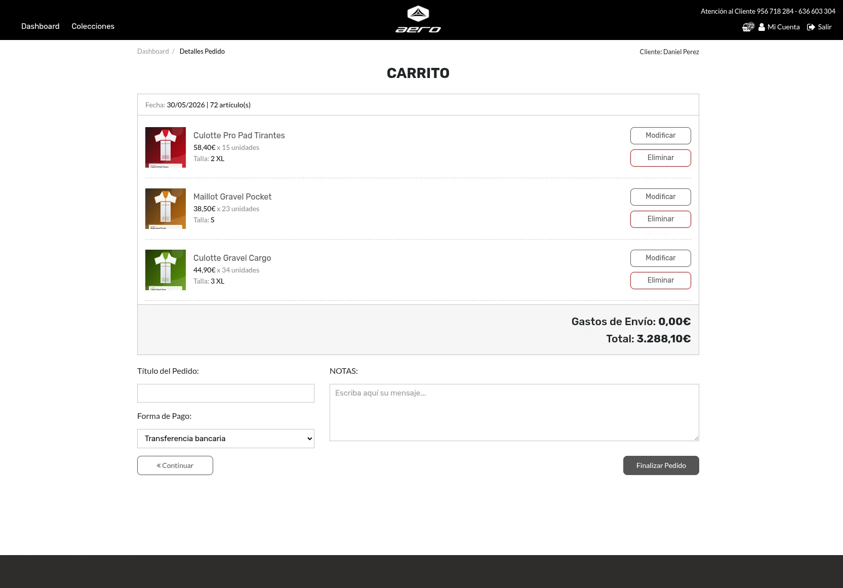 Shopping cart in AeroSports with a multi-reference order.