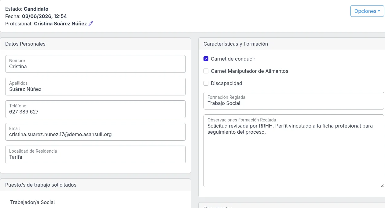 Application profile in Asansull Personas with personal data, experience and internal follow-up.