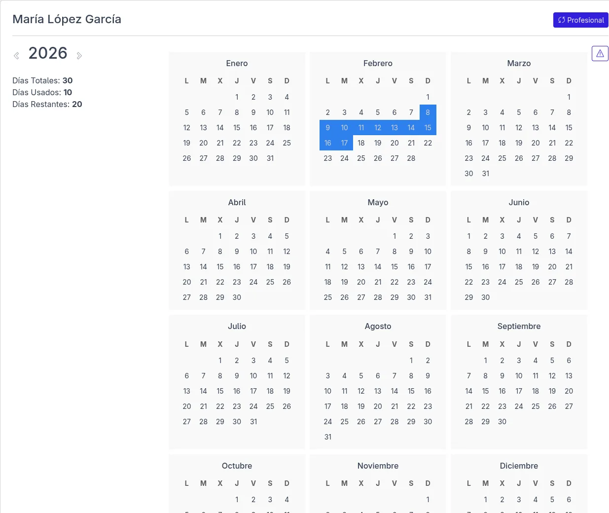 Annual leave calendar in the Asansull Personas platform with marked days and an availability summary.
