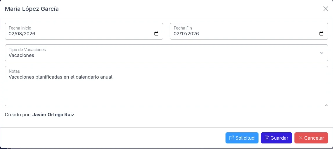 Leave request modal in Asansull Personas with dates, professional and status.
