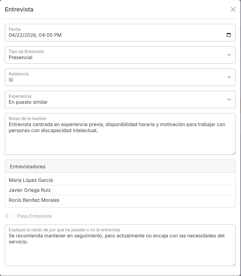 Interview modal in Asansull Personas to record recruitment follow-up.