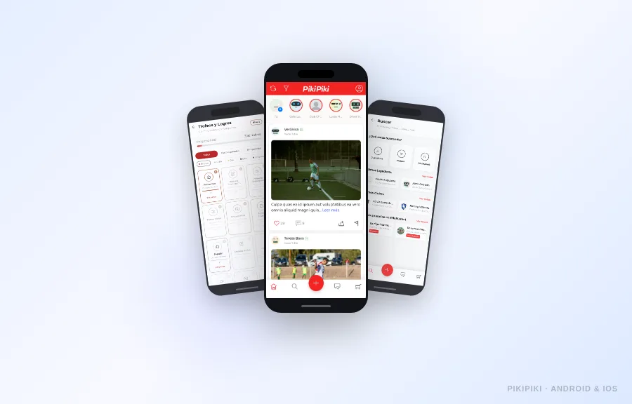 PikiPiki app mockup showing three screens: trophies, the main feed, and player search.